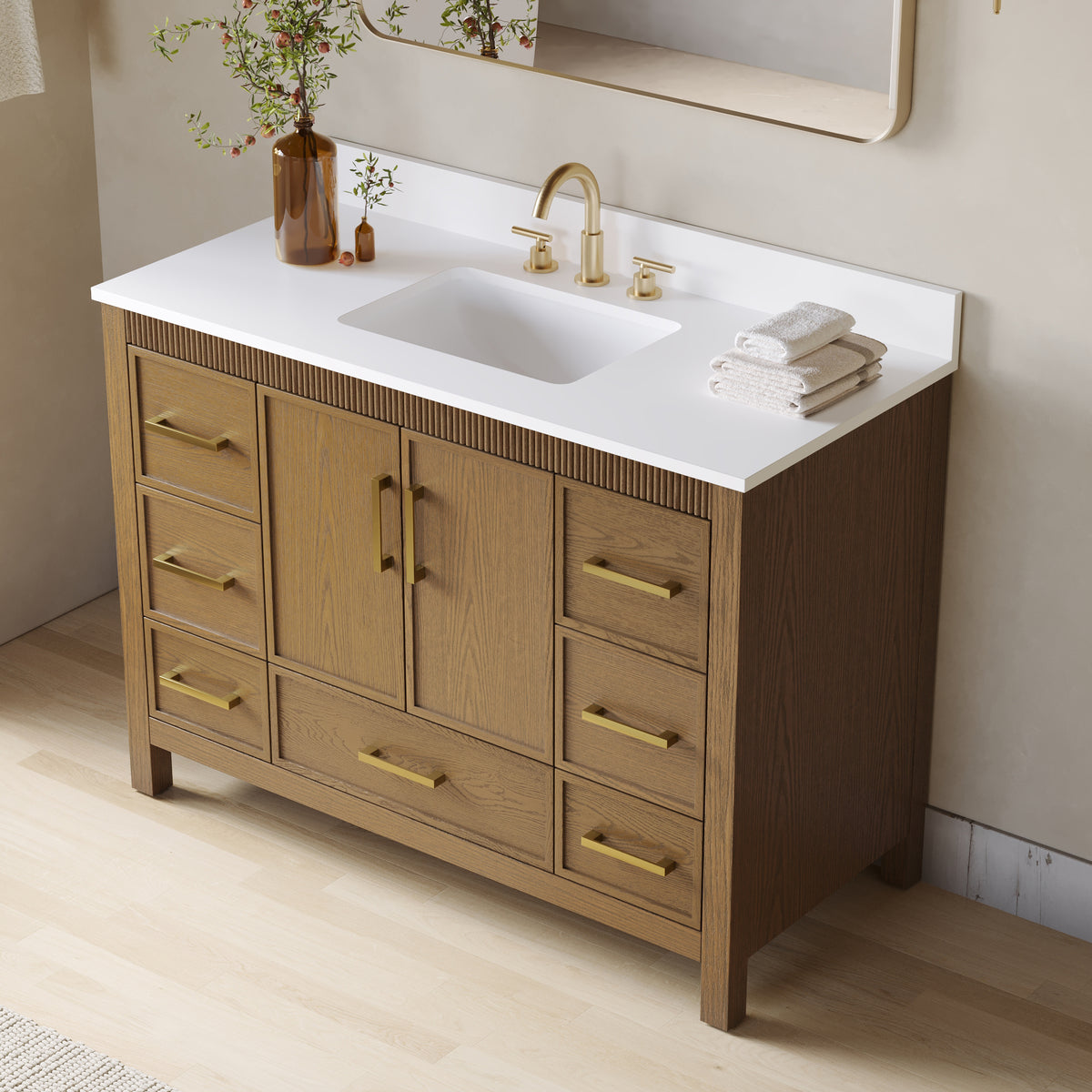 48 Inch Freestanding Solid Wood Bathroom Vanity with Fluted Molding, Pure White Quartz Countertop, Walnut