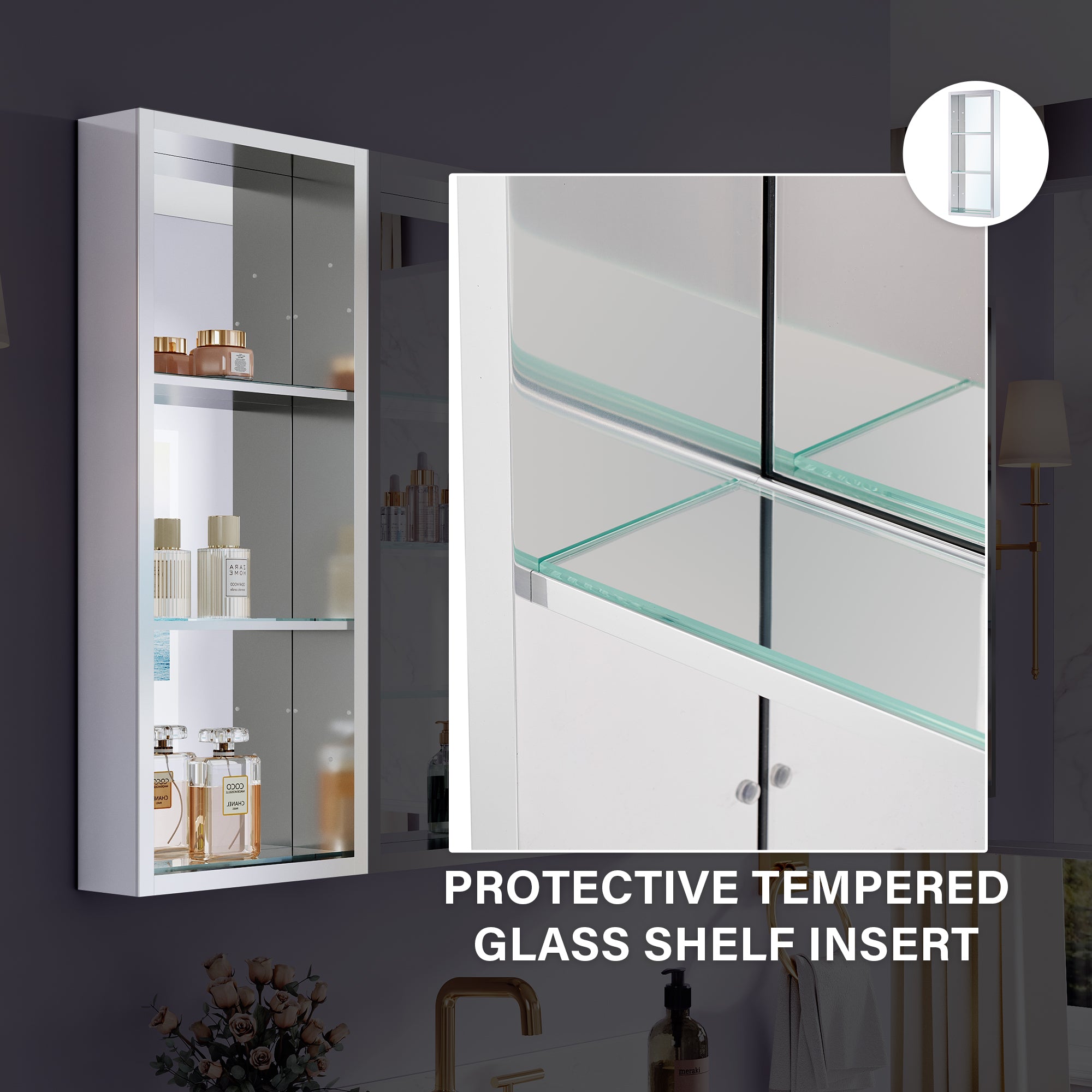 96 in. ×30 in. Aluminum Bathroom Medicine Cabinet and Open Shelf Set, Recessed or Surface Mount