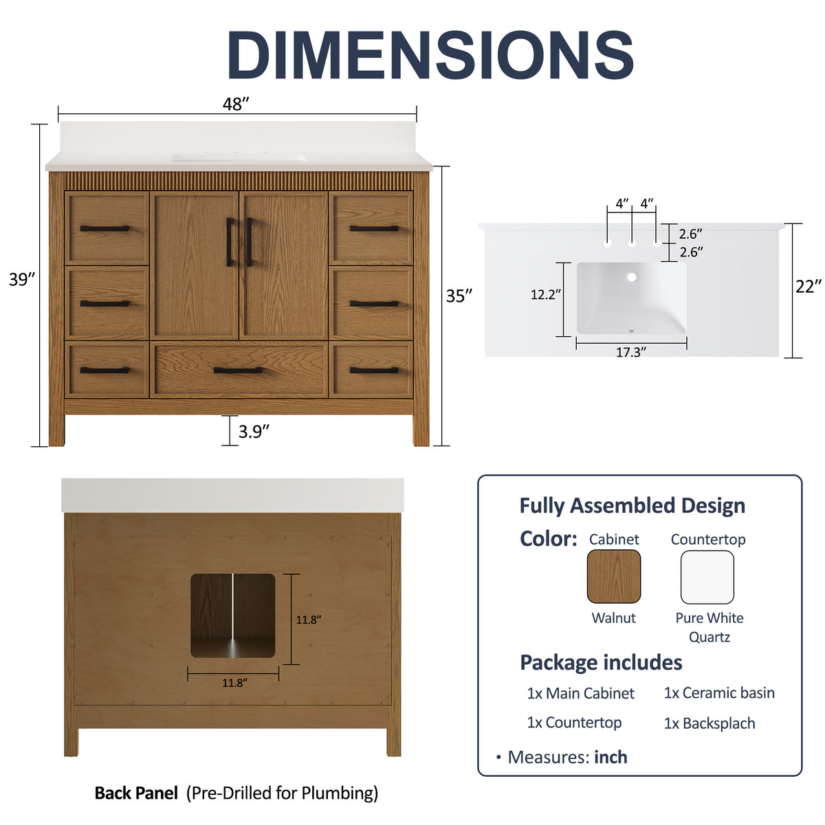 48 Inch Freestanding Solid Wood Bathroom Vanity with Fluted Molding, Pure White Quartz Countertop, Walnut