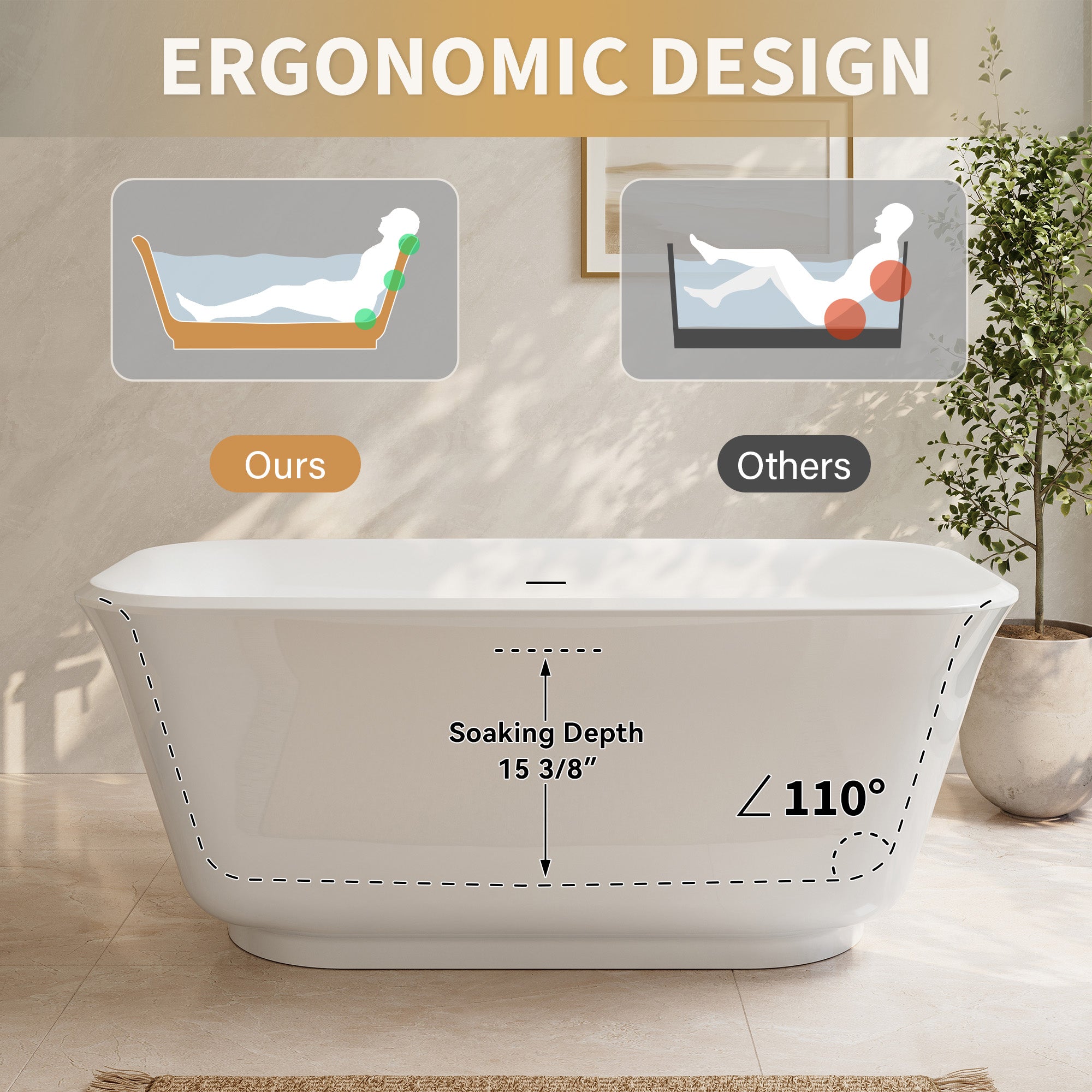 59" Modern Freestanding Acrylic Soaking Bathtub – 64 Gallon Deep Soaker Tub with Integrated Overflow