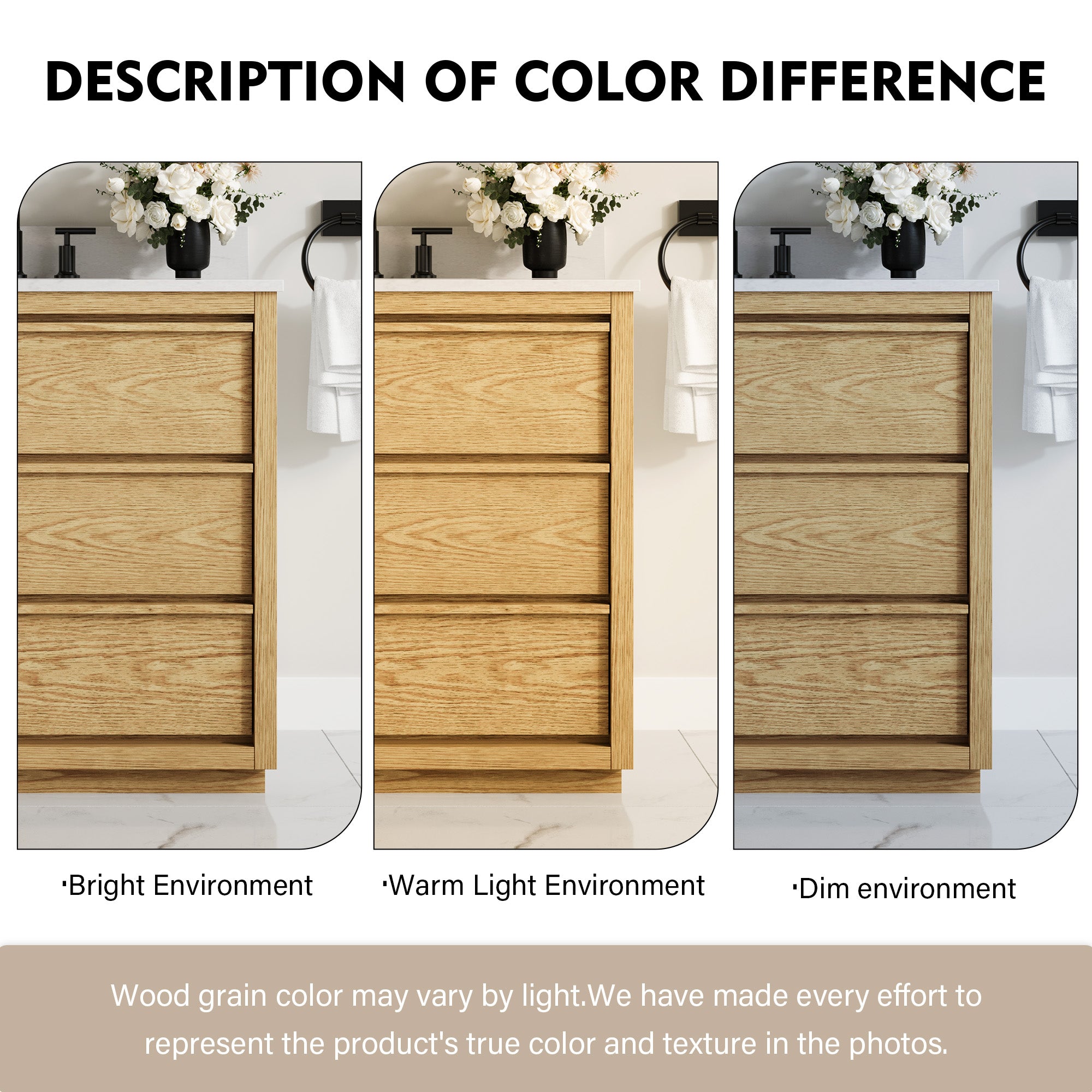 36 Inch Oak Soild Wood Bathroom Vanity with Single Undermount Sink, 3 Dovetail-constructed Drawers