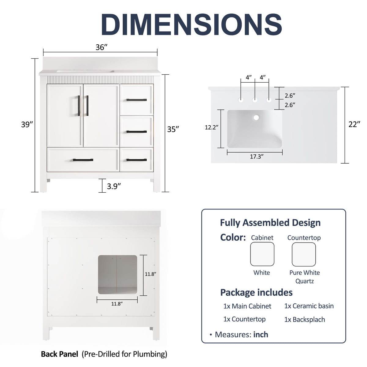 36 Inch Freestanding Solid Wood Bathroom Vanity with Fluted Molding, Pure White Quartz Countertop, White