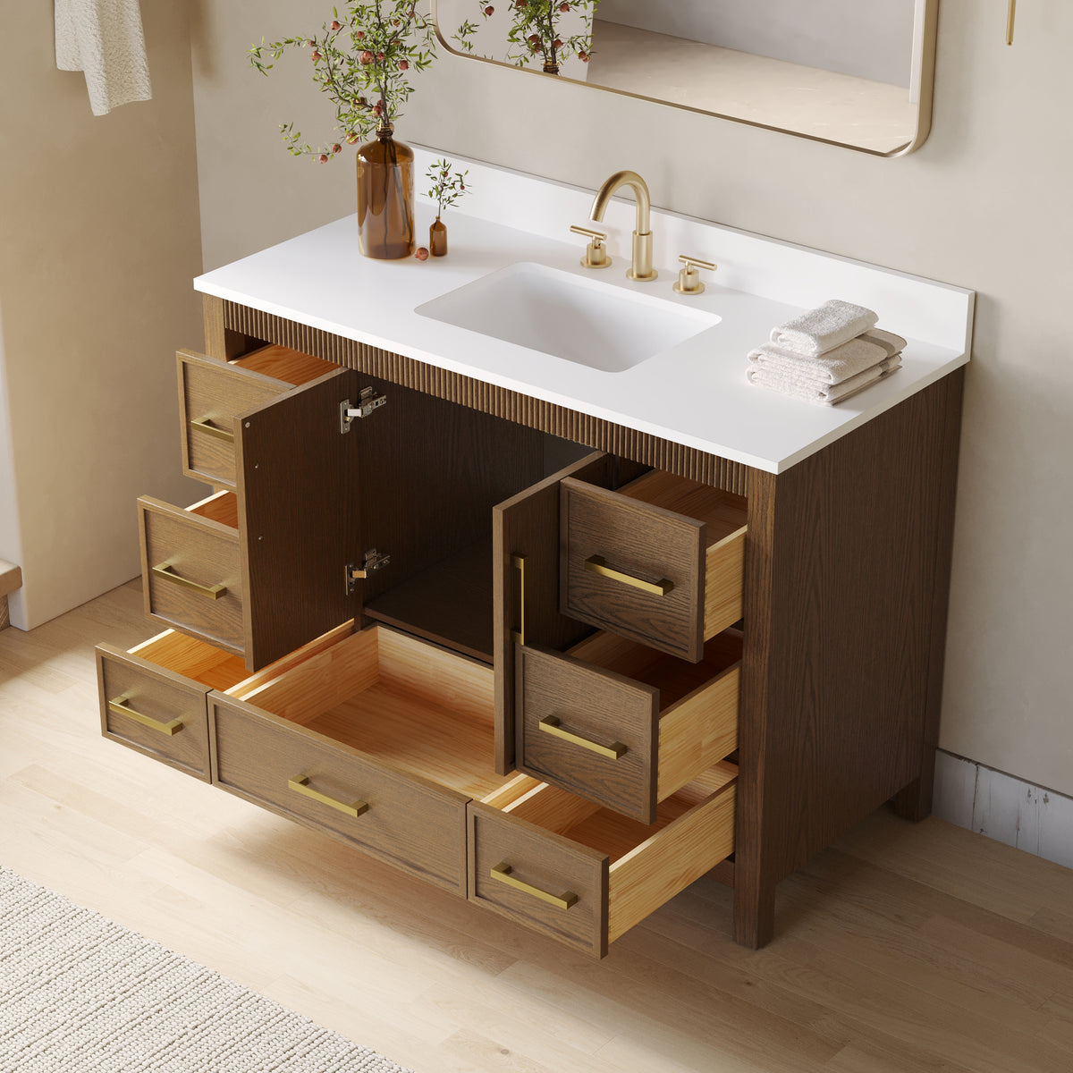 48 Inch Freestanding Solid Wood Bathroom Vanity with Fluted Molding, Pure White Quartz Countertop, Walnut