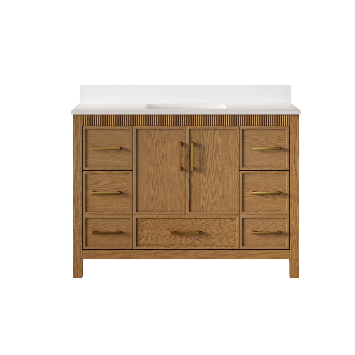 48 Inch Freestanding Solid Wood Bathroom Vanity with Fluted Molding, Pure White Quartz Countertop, Walnut