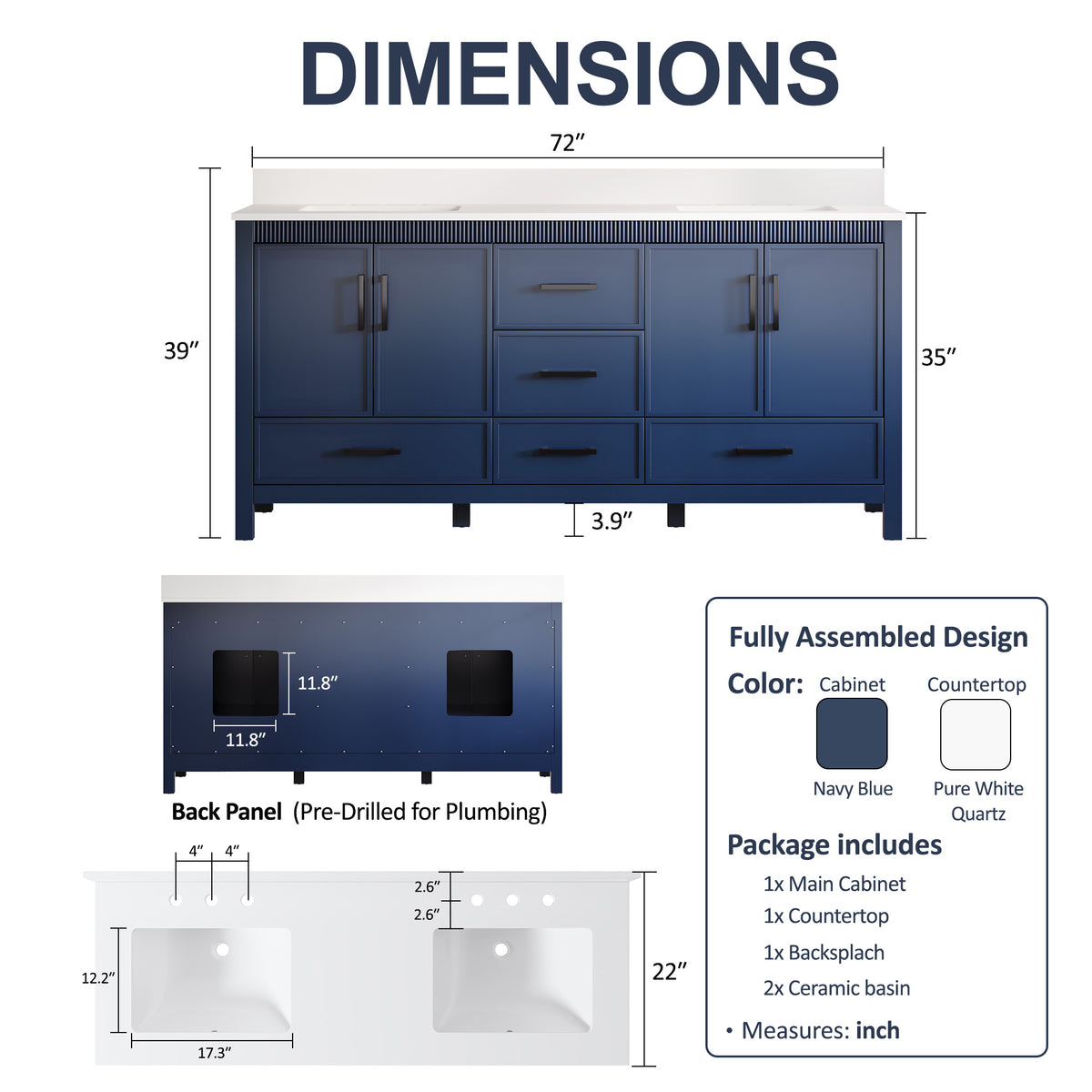 72 Inch Freestanding Solid Wood Bathroom Vanity with Pure White Quartz Countertop, 4 Soft-Close Doors & 5 Dovetail Drawers, Navy Blue