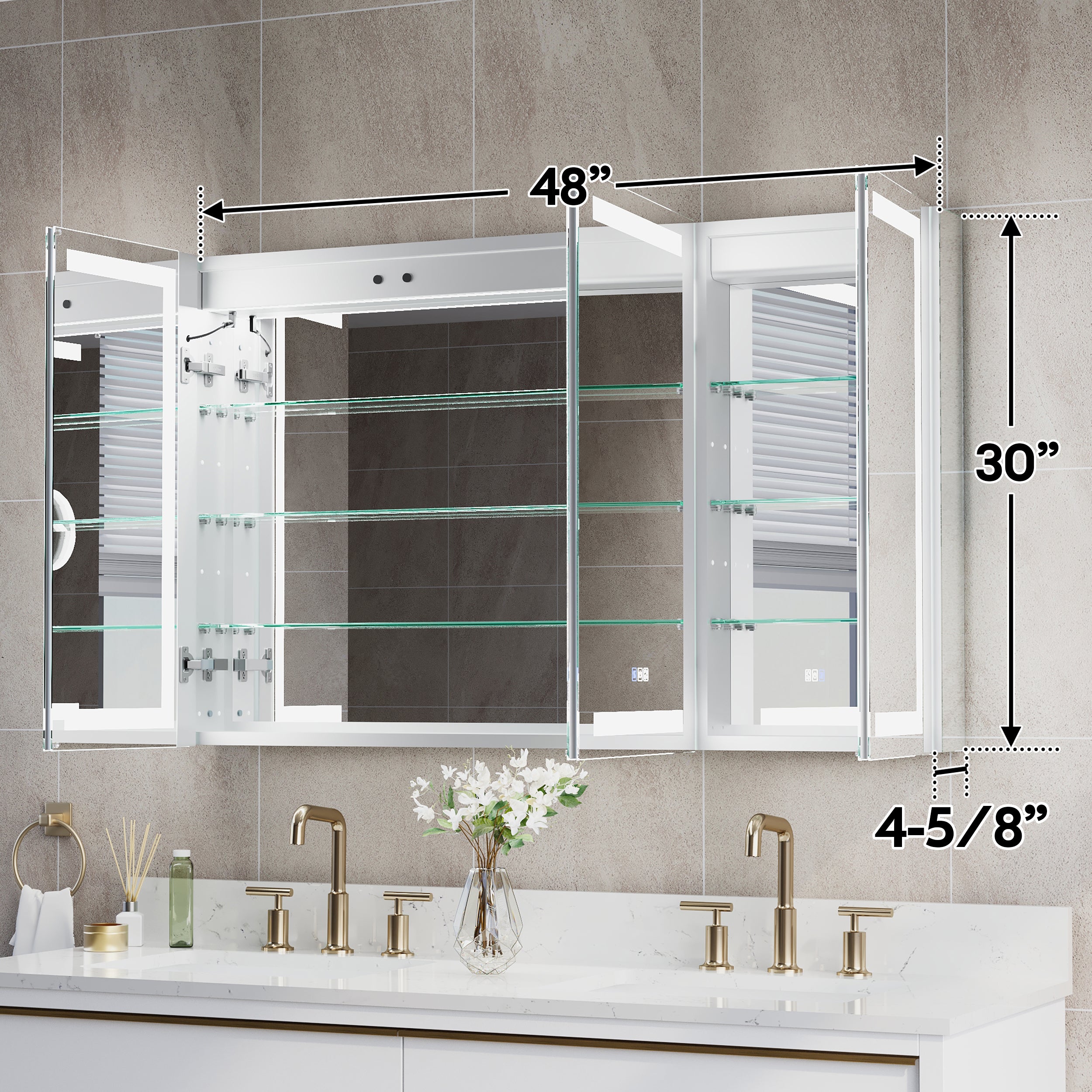 48 in. x 30 in. LED Lighted Surface/Recessed Mount Aluminum Mirror Medicine Cabinet Anti-Fog Dimmable with Outlet