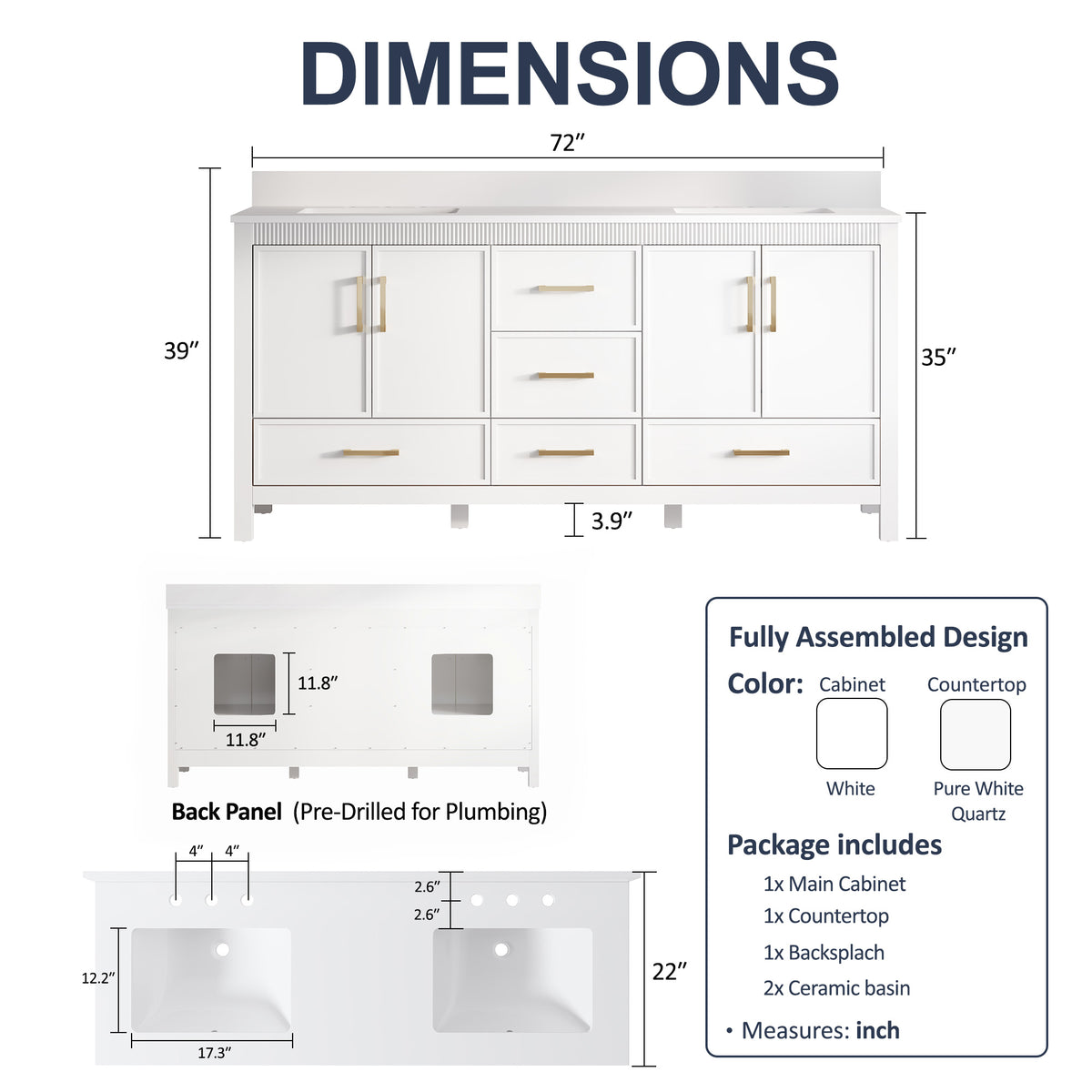 72 Inch Freestanding Solid Wood Bathroom Vanity with Pure White Quartz Countertop, 4 Soft-Close Doors & 5 Dovetail Drawers, White