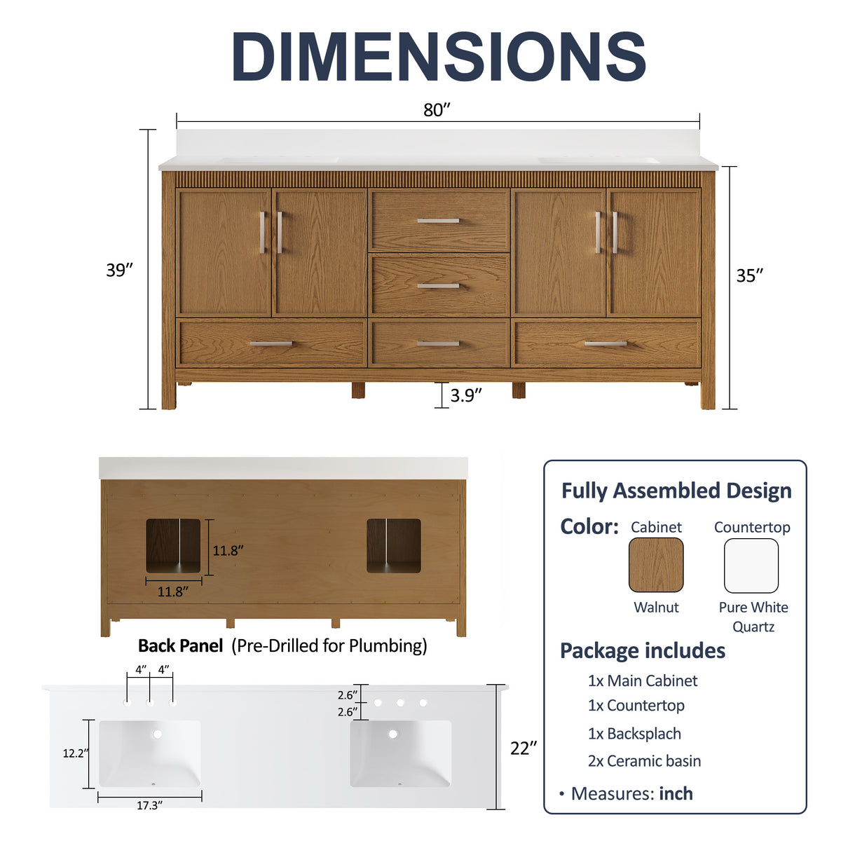 80 Inch Freestanding Solid Wood Bathroom Vanity with Pure White Quartz Countertop, 4 Soft-Close Doors & 5 Dovetail Drawers, Walnut