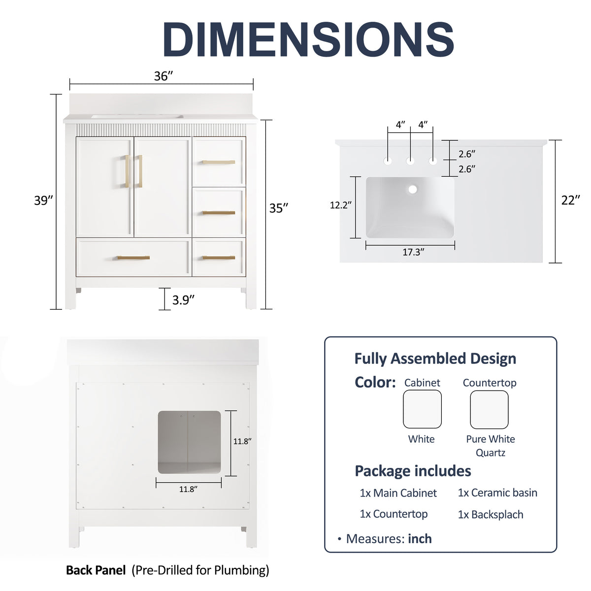 36 Inch Freestanding Solid Wood Bathroom Vanity with Fluted Molding, Pure White Quartz Countertop, White