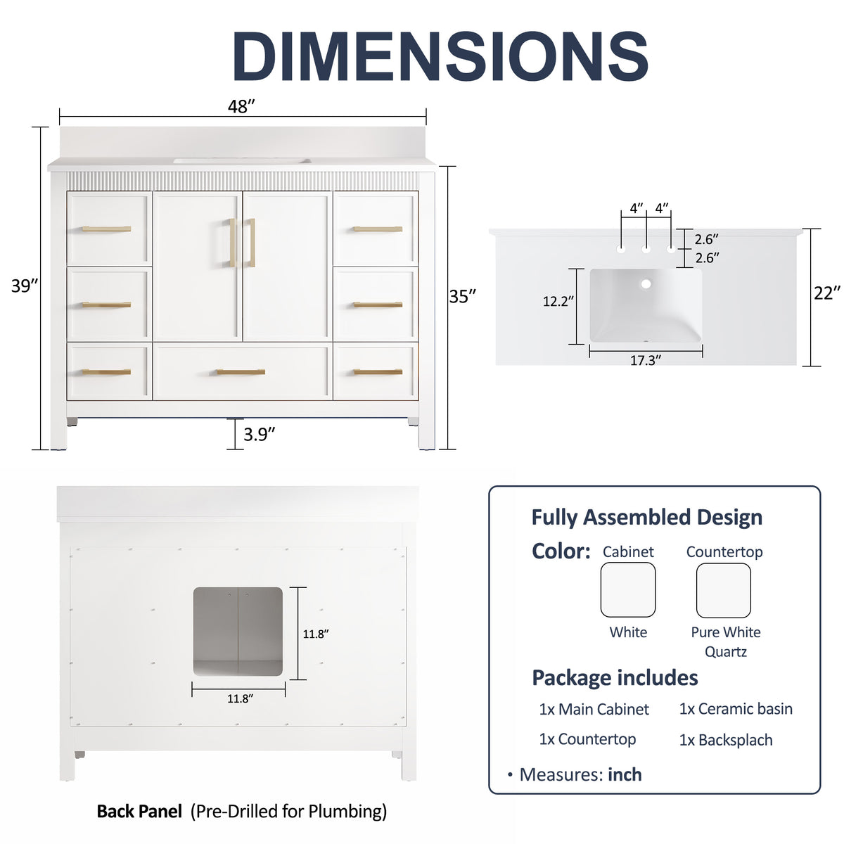 48 Inch Freestanding Solid Wood Bathroom Vanity with Fluted Molding, Pure White Quartz Countertop, White