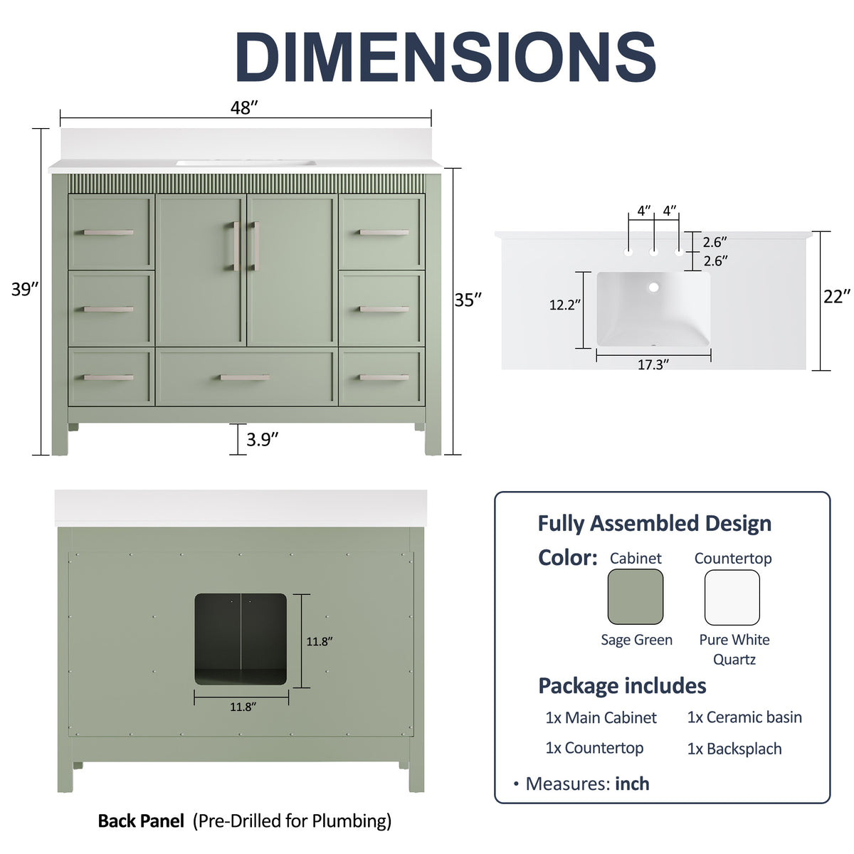 48 Inch Freestanding Solid Wood Bathroom Vanity with Fluted Molding, Pure White Quartz Countertop, SAGE GREEN