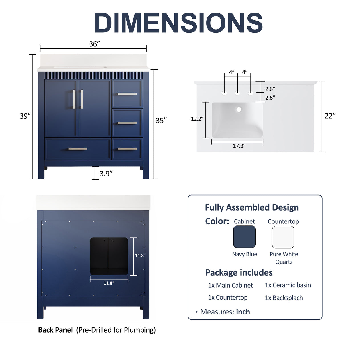 36 Inch Freestanding Solid Wood Bathroom Vanity with Fluted Molding, Pure White Quartz Countertop, Navy Blue