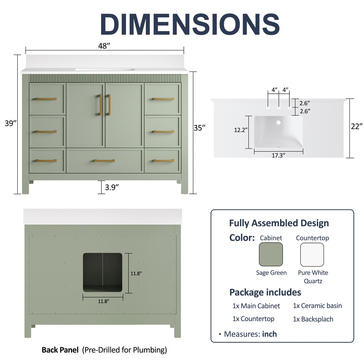 48 Inch Freestanding Solid Wood Bathroom Vanity with Fluted Molding, Pure White Quartz Countertop, SAGE GREEN