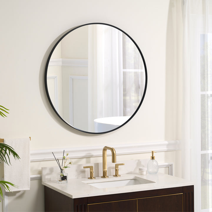 32 in. W x 32 in. H Black Modern Round Framed Aluminum Wall Mirror
