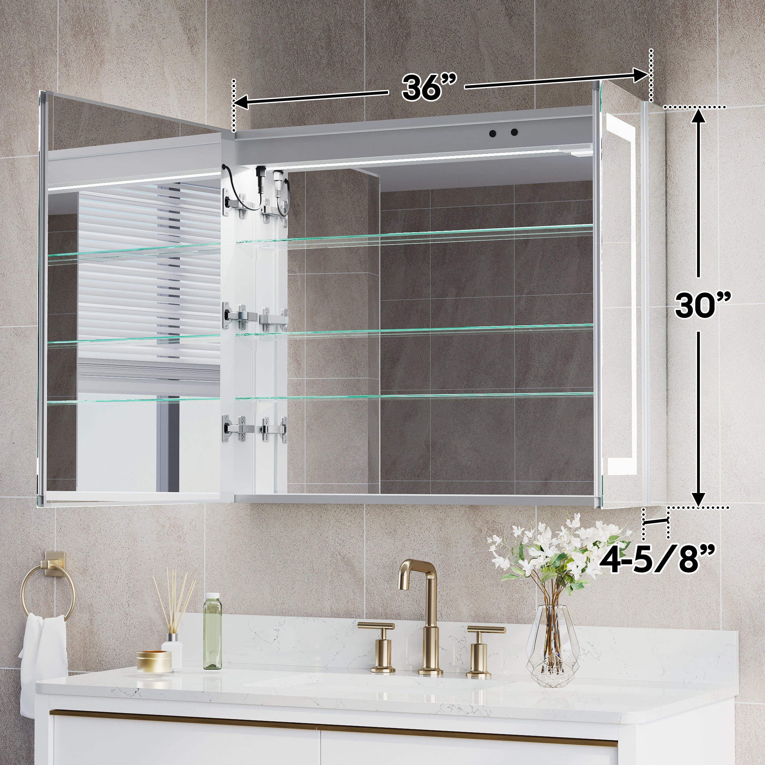 36 in. x 30 in. LED Lighted Surface/Recessed Mount Aluminum Mirror Medicine Cabinet Anti-Fog Dimmable with Outlet