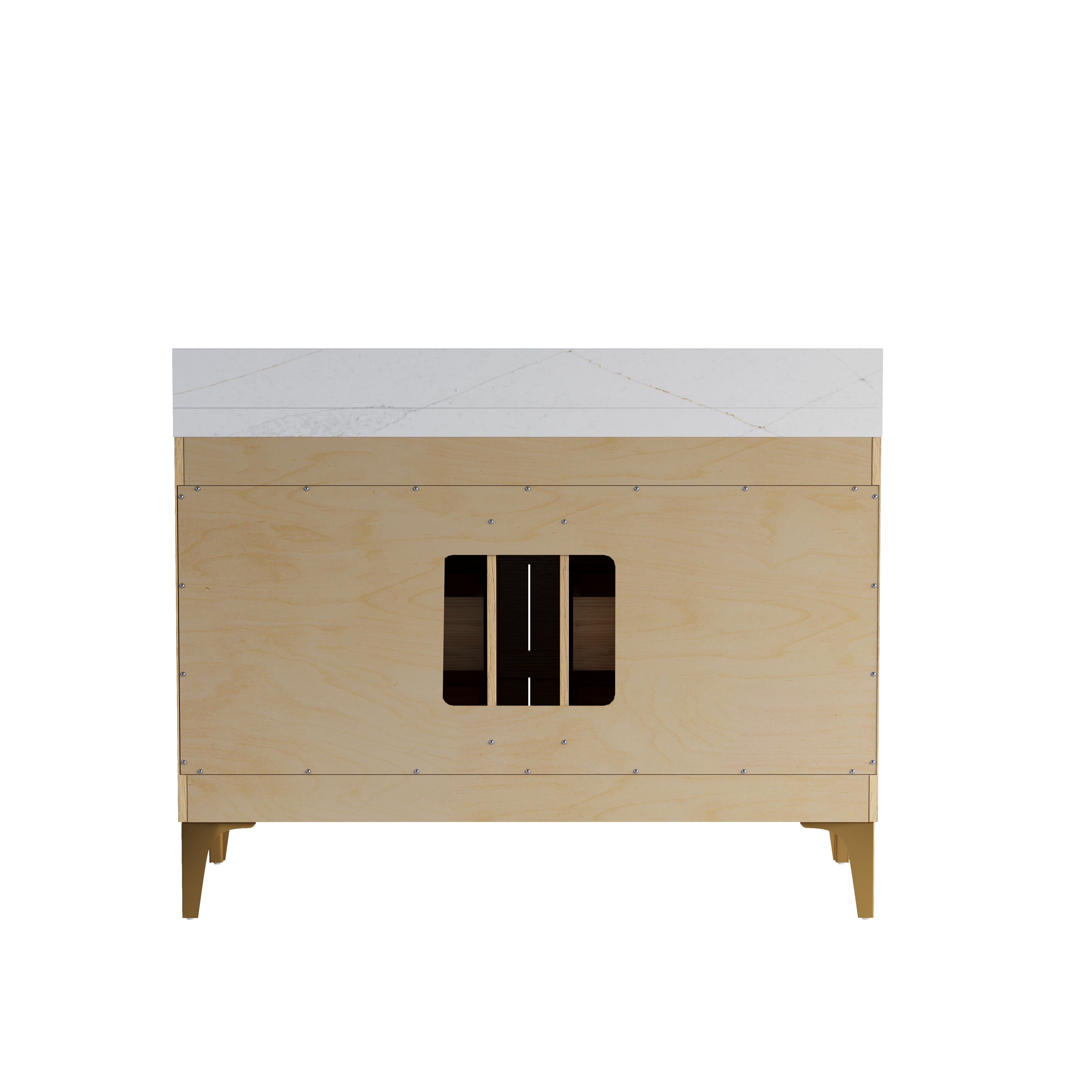 48 Inch Modern Solid Oak Bathroom Vanity with Calacatta Quartz Countertop, 6 Fluted Drawers & Brushed Gold Legs