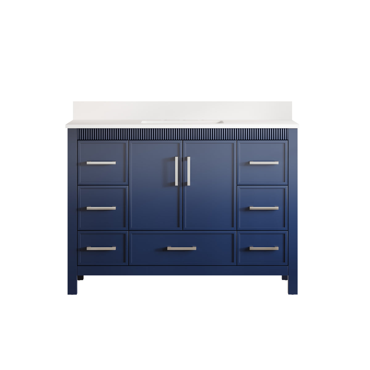 48 Inch Freestanding Solid Wood Bathroom Vanity with Fluted Molding, Pure White Quartz Countertop, Navy Blue