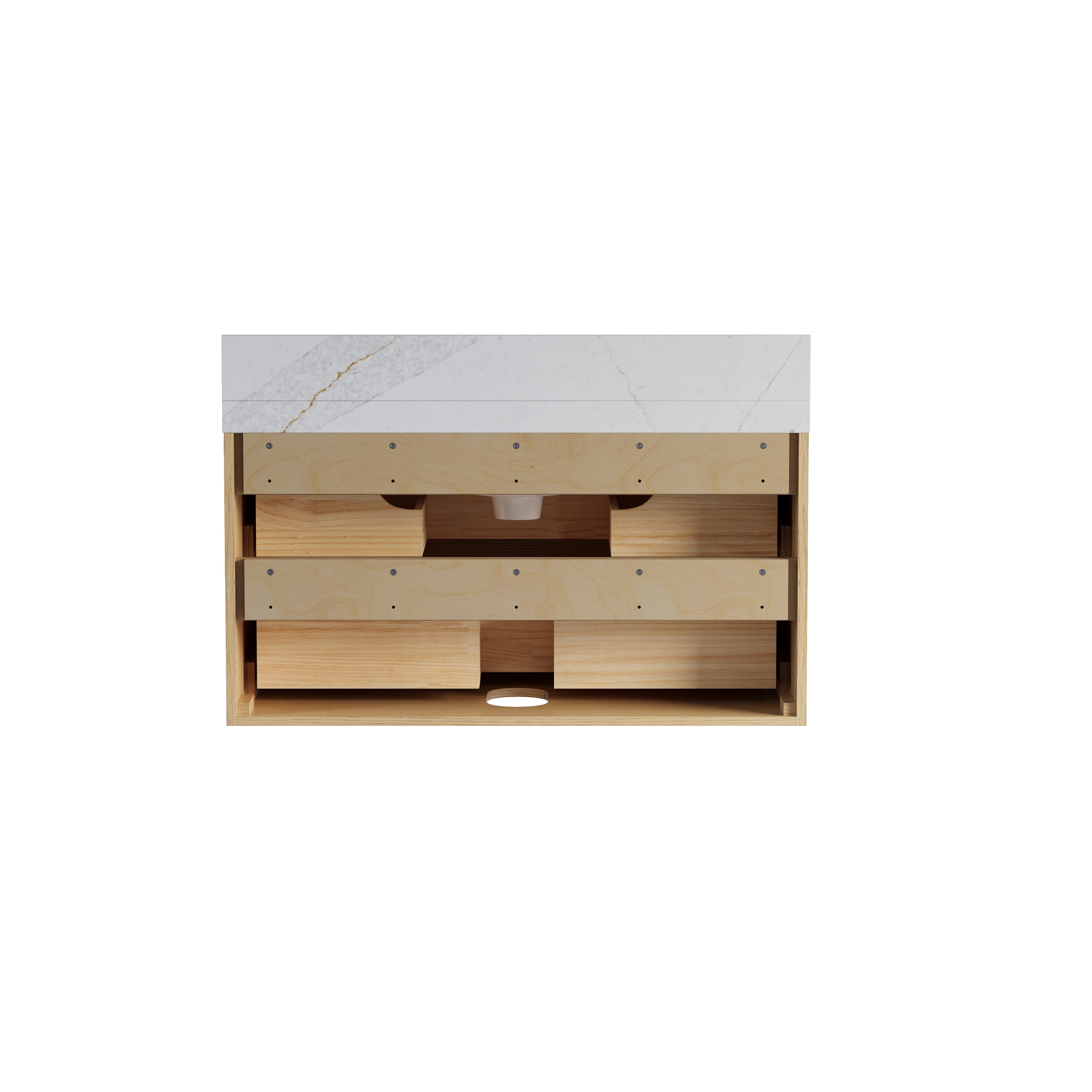 36-Inch Solid Oak Floating Bathroom Vanity with Calacatta Quartz Countertop, 2 Soft-Close Fluted Drawers