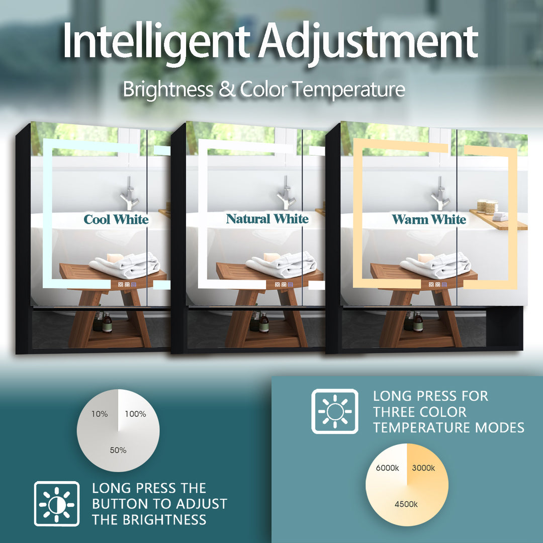 36" W x 32" H LED Lighted Mirror Black Medicine Cabinet with Shelves for Bathroom Recessed or Surface Mount