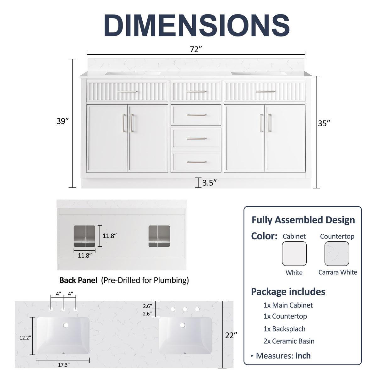 72 Inch Freestanding Solid Wood & Plywood Bathroom Vanity with Soft-Close Drawers, Carrara White Quartz Countertop, White
