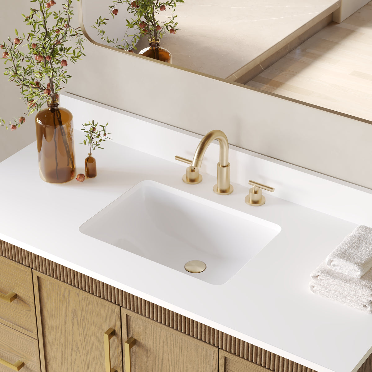 48 Inch Freestanding Solid Wood Bathroom Vanity with Fluted Molding, Pure White Quartz Countertop, Walnut