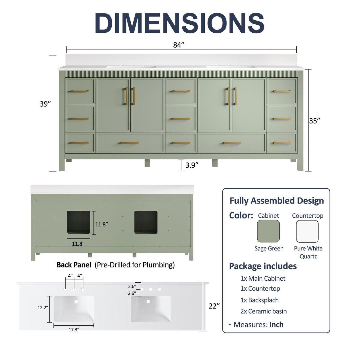 84 Inch Freestanding Solid Wood Bathroom Vanity with Pure White Quartz Countertop, 4 Soft-Close Doors & 11 Dovetail Drawers, SAGE GREEN