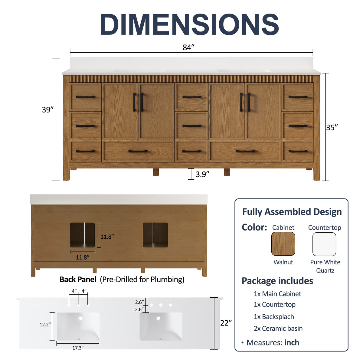 84 Inch Freestanding Solid Wood Bathroom Vanity with Pure White Quartz Countertop, 4 Soft-Close Doors & 11 Dovetail Drawers, Walnut
