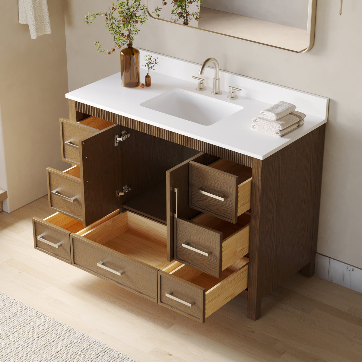 48 Inch Freestanding Solid Wood Bathroom Vanity with Fluted Molding, Pure White Quartz Countertop, Walnut