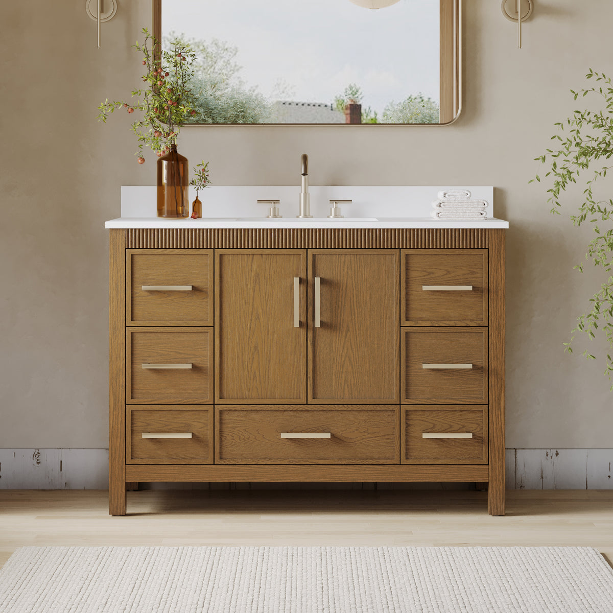 48 Inch Freestanding Solid Wood Bathroom Vanity with Fluted Molding, Pure White Quartz Countertop, Walnut