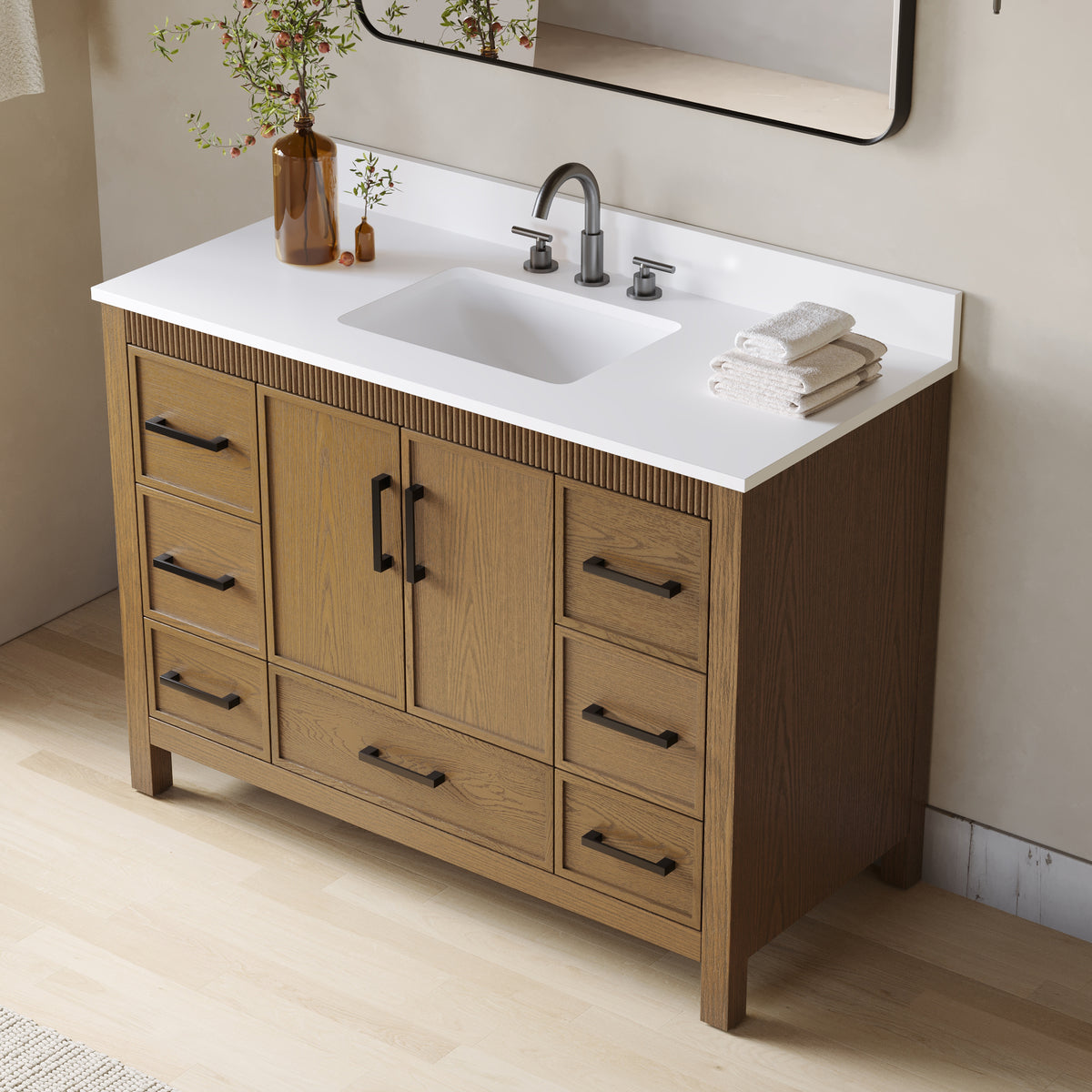 48 Inch Freestanding Solid Wood Bathroom Vanity with Fluted Molding, Pure White Quartz Countertop, Walnut