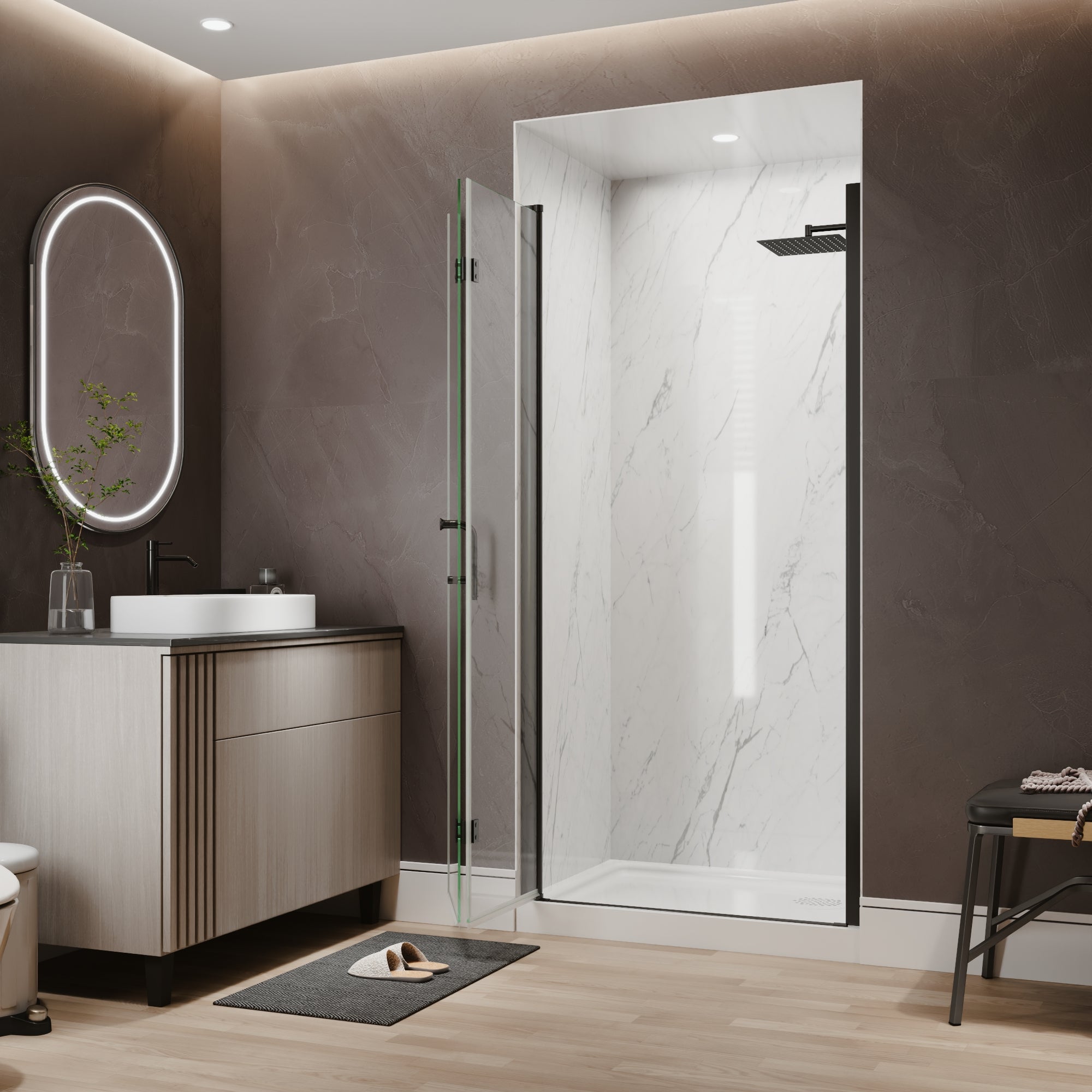 36-38 in. W x 72 in. H Modern Semi-Frameless 1/4 in. Tempered Glass Bifold Pivot Shower Door with Reversible Installation, Matte Black