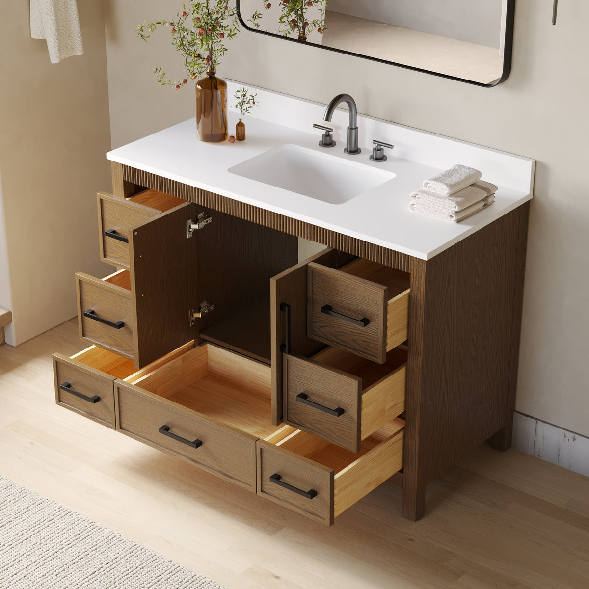 48 Inch Freestanding Solid Wood Bathroom Vanity with Fluted Molding, Pure White Quartz Countertop, Walnut