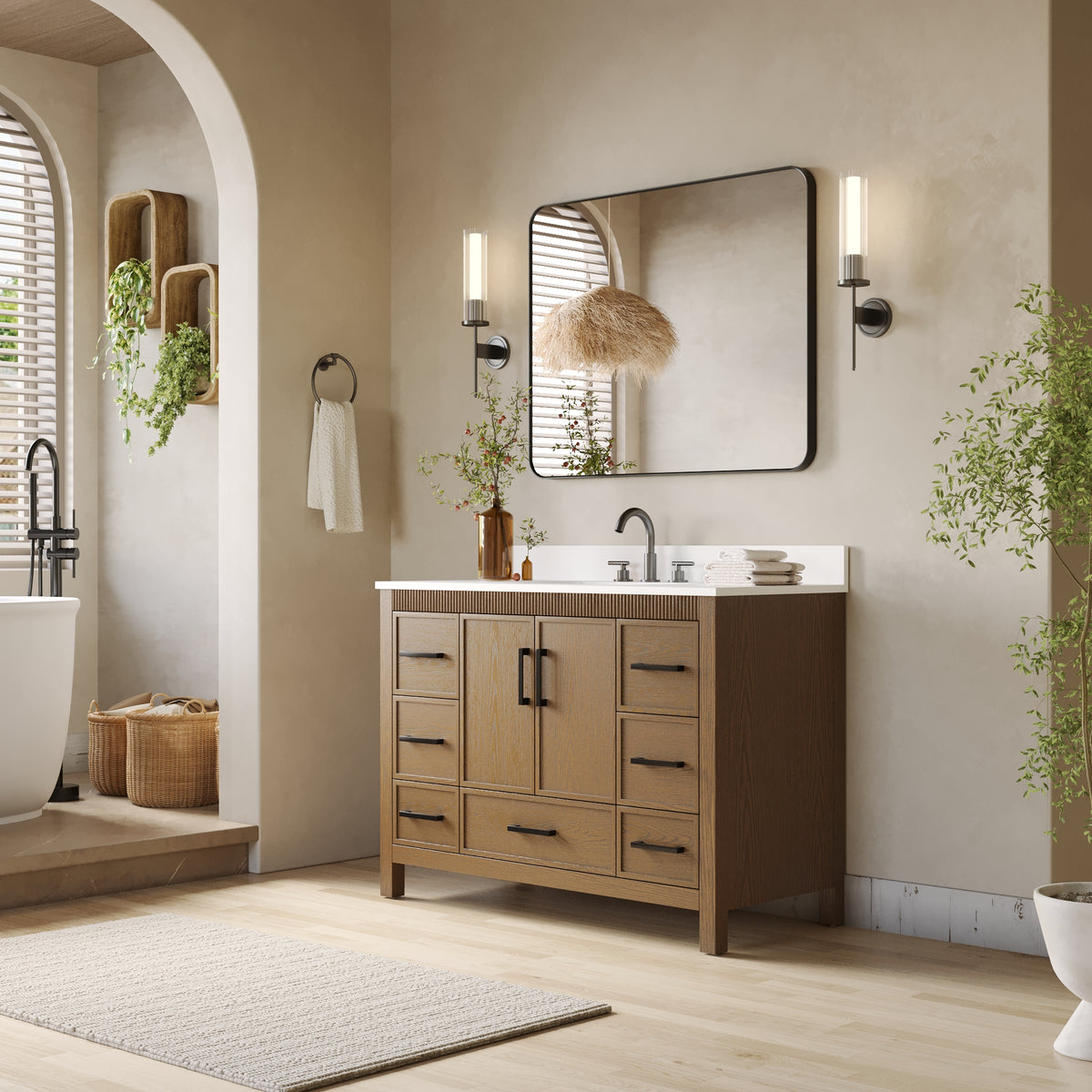 48 Inch Freestanding Solid Wood Bathroom Vanity with Fluted Molding, Pure White Quartz Countertop, Walnut