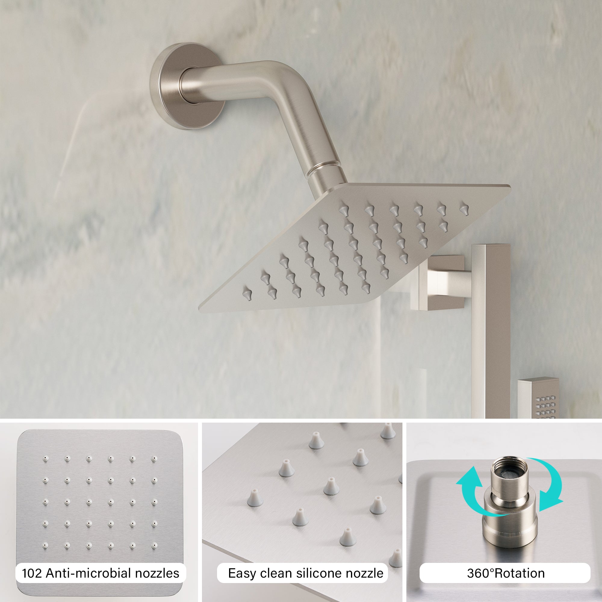3-Function Thermostatic Stainless Steel Shower System with Dual Mounting Options Wall-Mounted & Ceiling-Mounted, Sliding Bar, 10" Square Overhead Shower