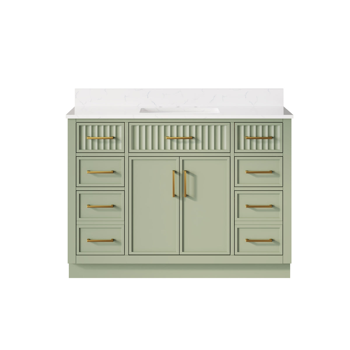 48 Inch Solid Wood and Plywood Bathroom Vanity with Carrara White Quartz Top, 2 Soft-Close Doors & 7 Drawers, SAGE GREEN