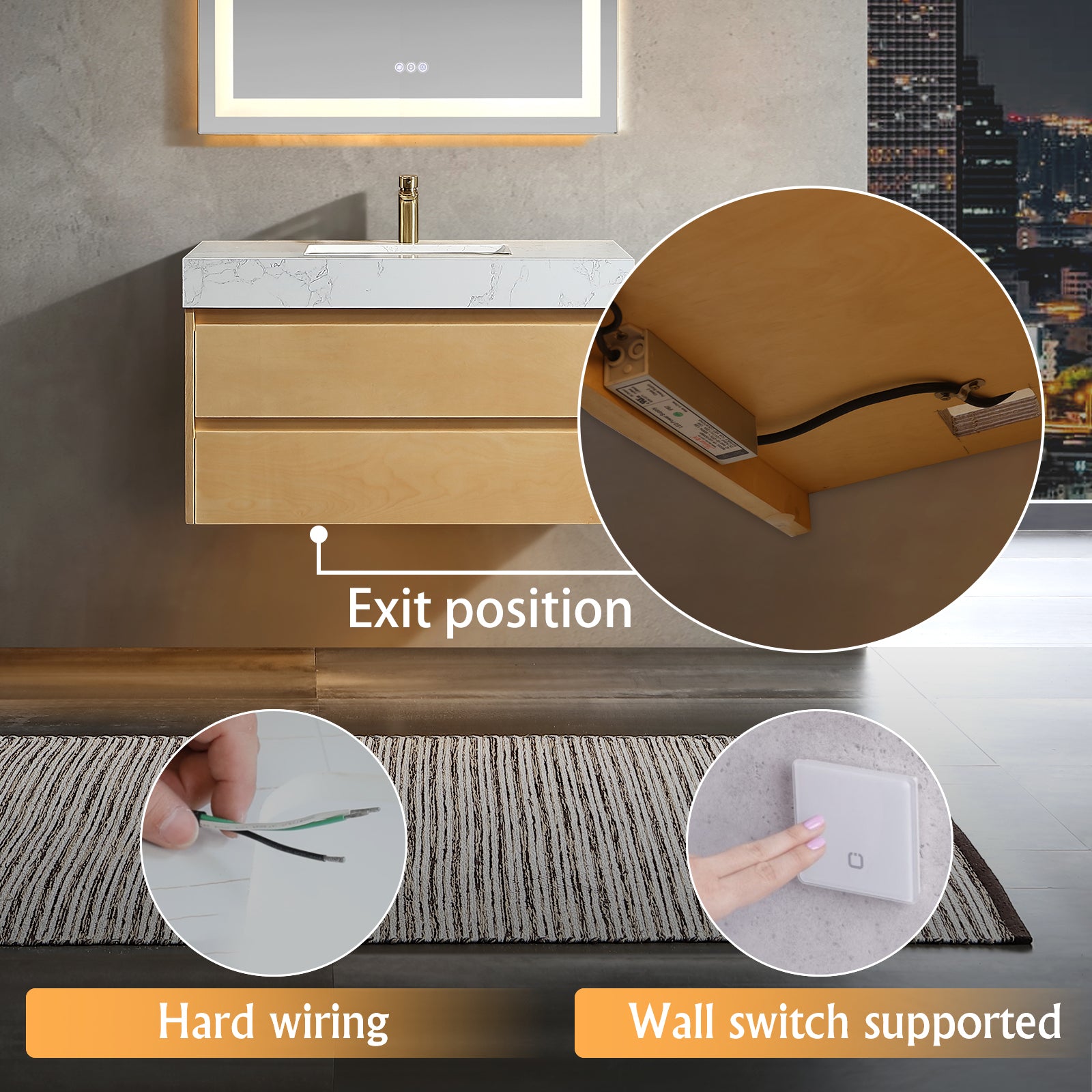 36" Modern Floating Maple Wood Bathroom Vanity Cabinet with LED Light and Stone Slab Countertop