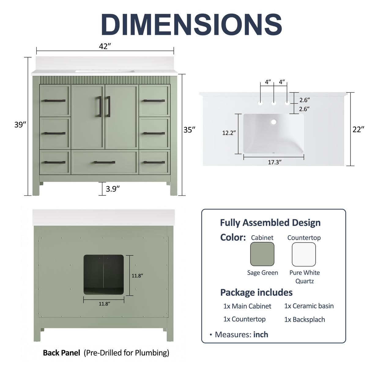 42 Inch Freestanding Solid Wood Bathroom Vanity with Fluted Molding, Pure White Quartz Countertop, SAGE GREEN