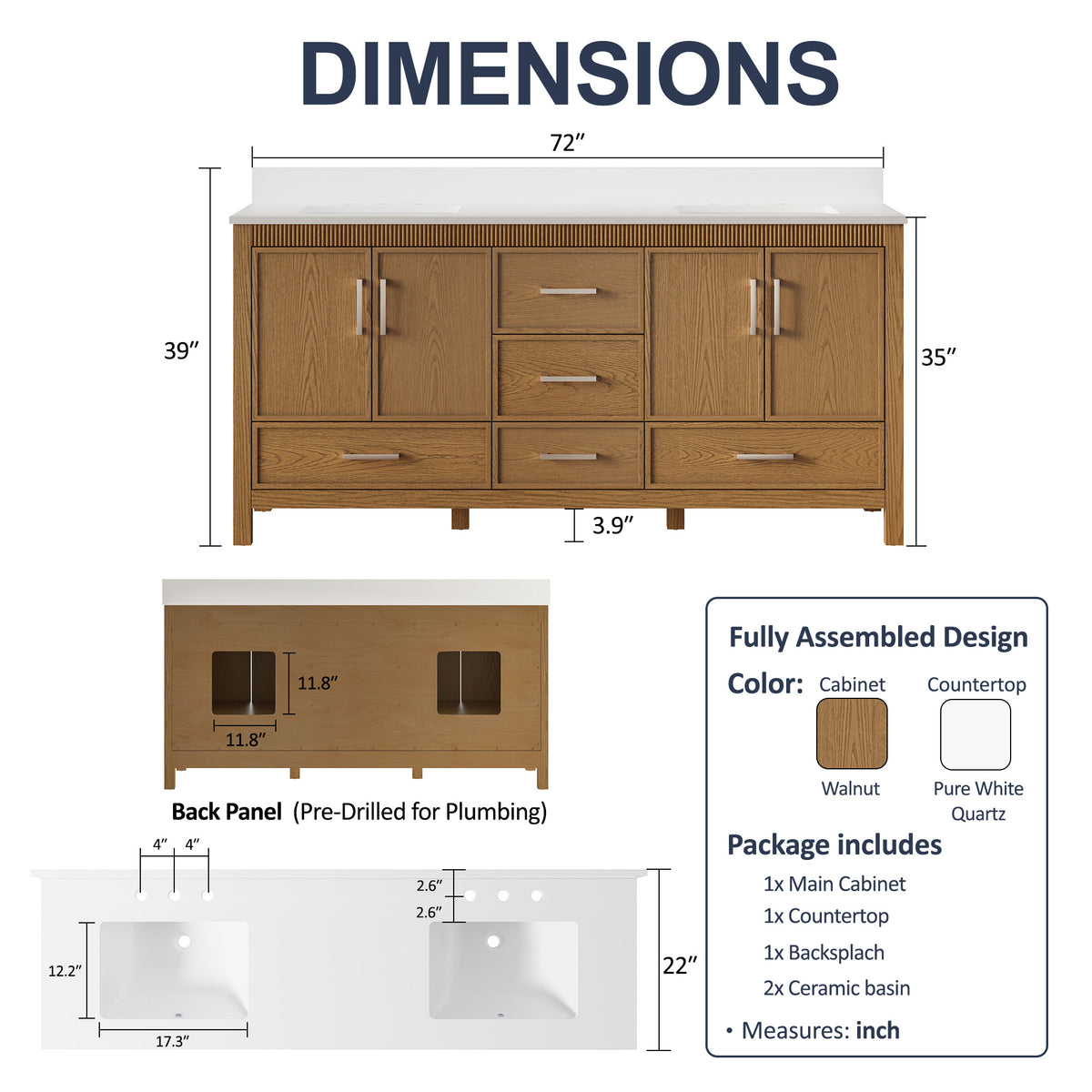 72 Inch Freestanding Solid Wood Bathroom Vanity with Pure White Quartz Countertop, 4 Soft-Close Doors & 5 Dovetail Drawers, Walnut