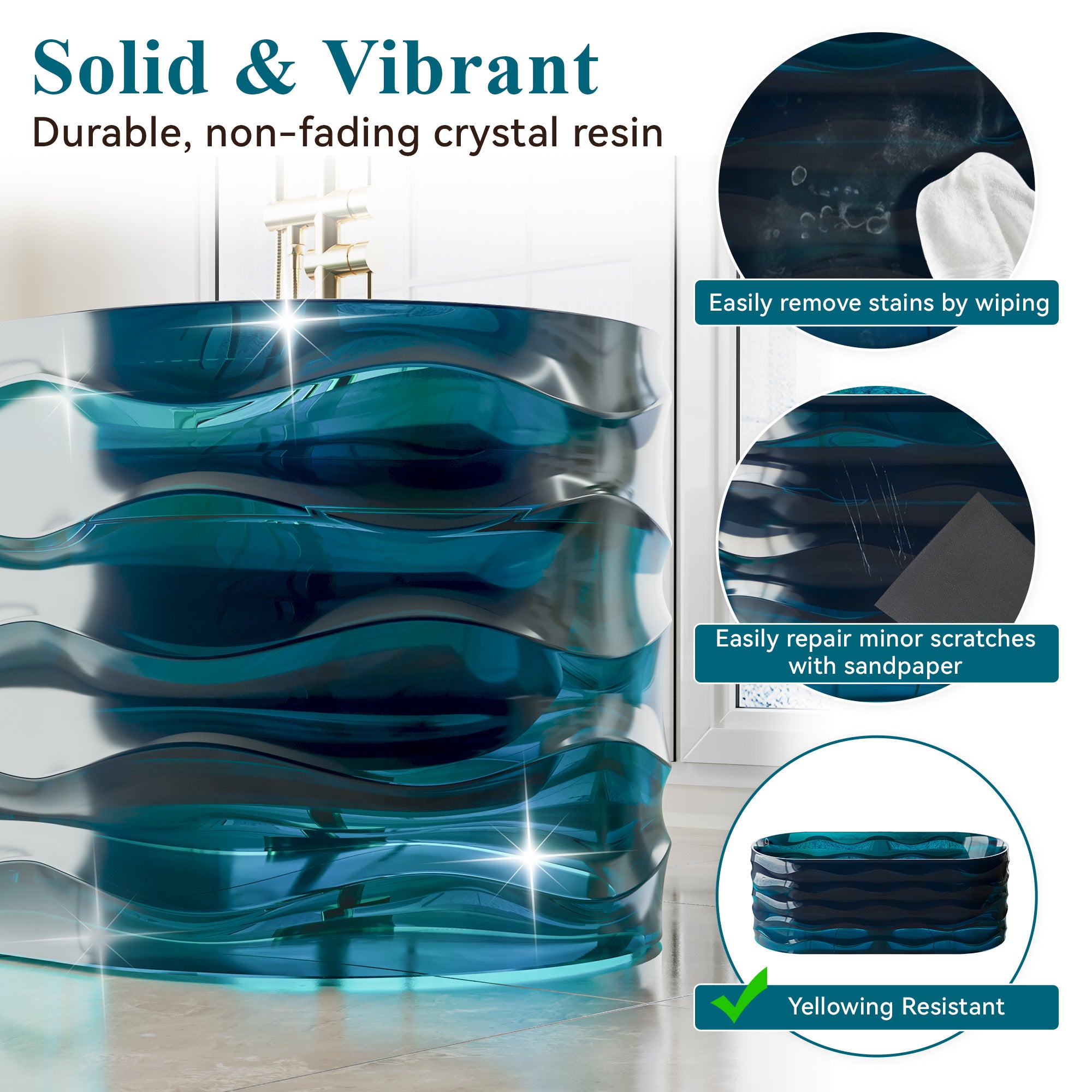 62" Pure Resin Transparent Freestanding Bathtub with Drain, Transparent Sea Blue