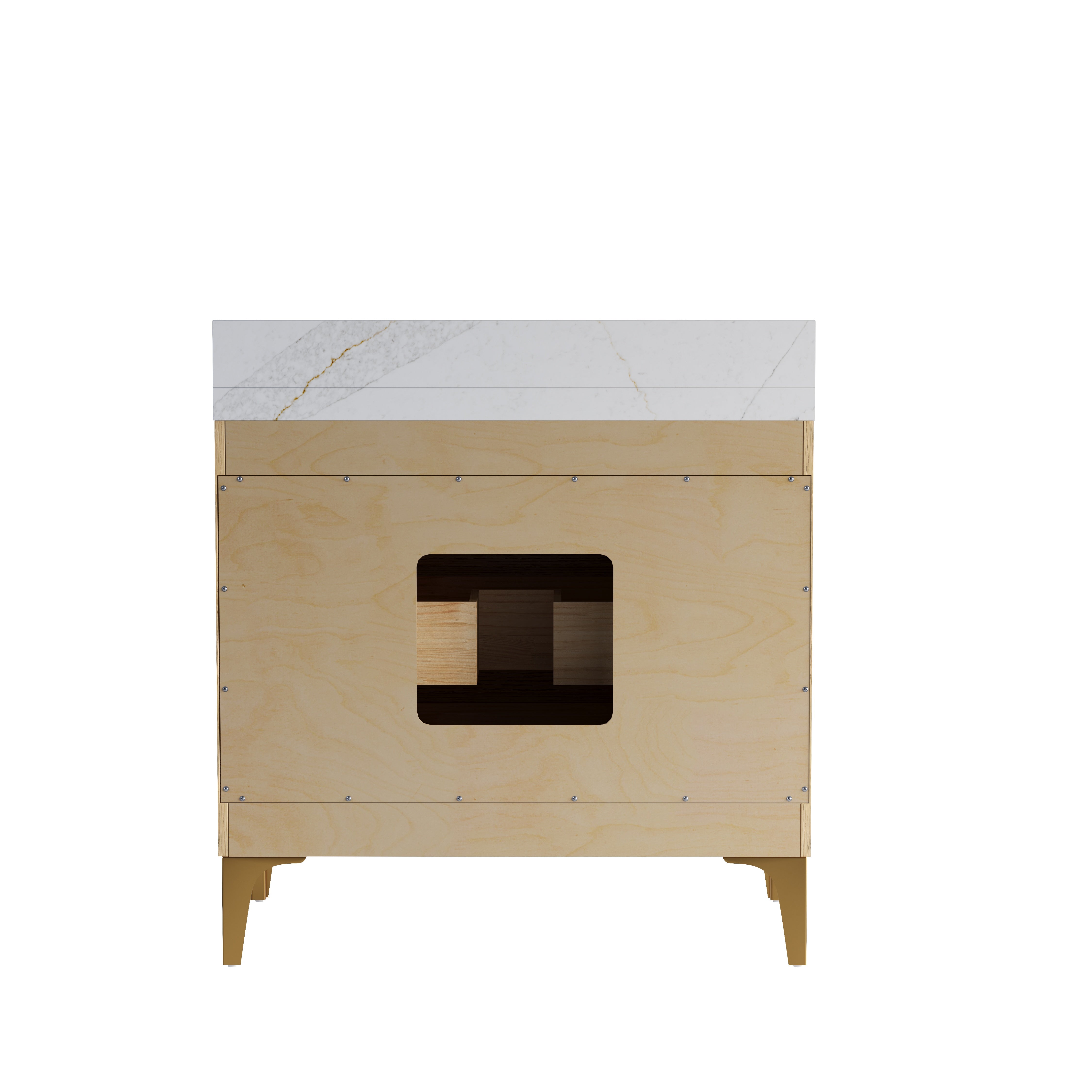 36 Inch Modern Solid Oak Bathroom Vanity with Calacatta Quartz Countertop, 3 Fluted Drawers & Brushed Gold Legs