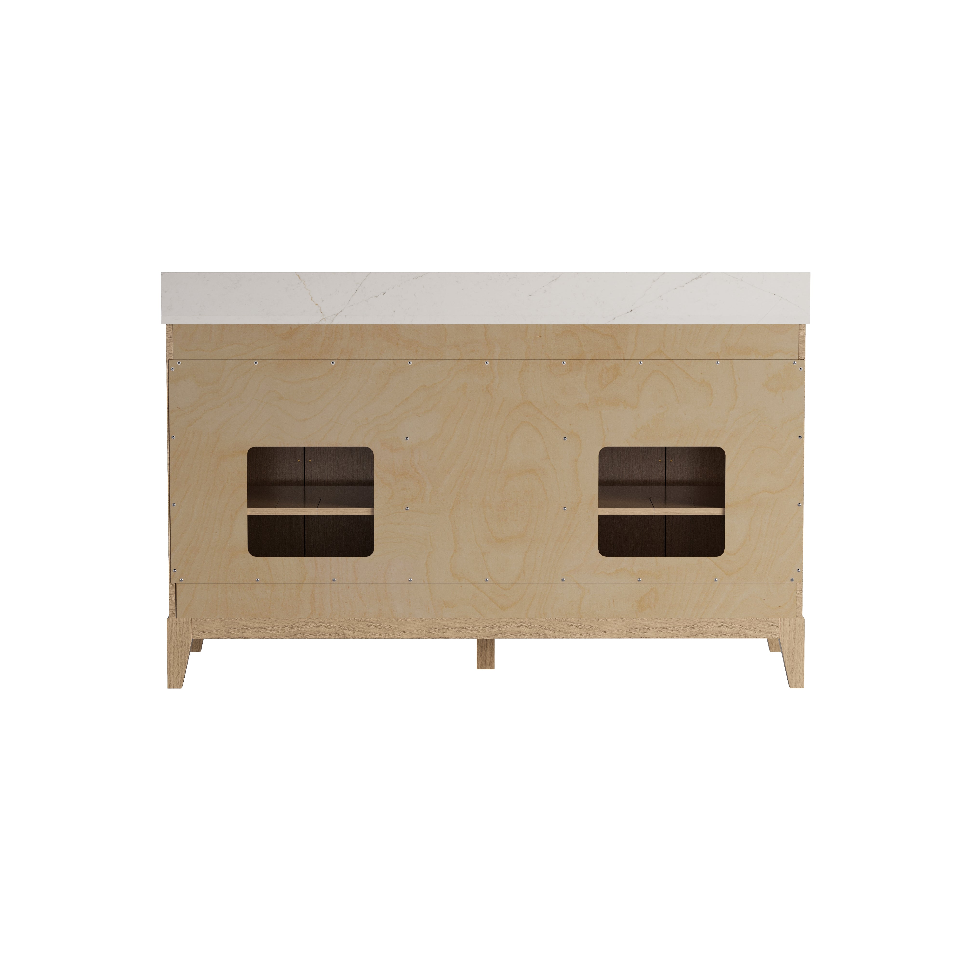 60 Inch Luxury Solid Oak Bathroom Vanity with Calacatta Quartz Countertop & Sinks, 3 Soft-Close Drawers and 2 Flip Drawers