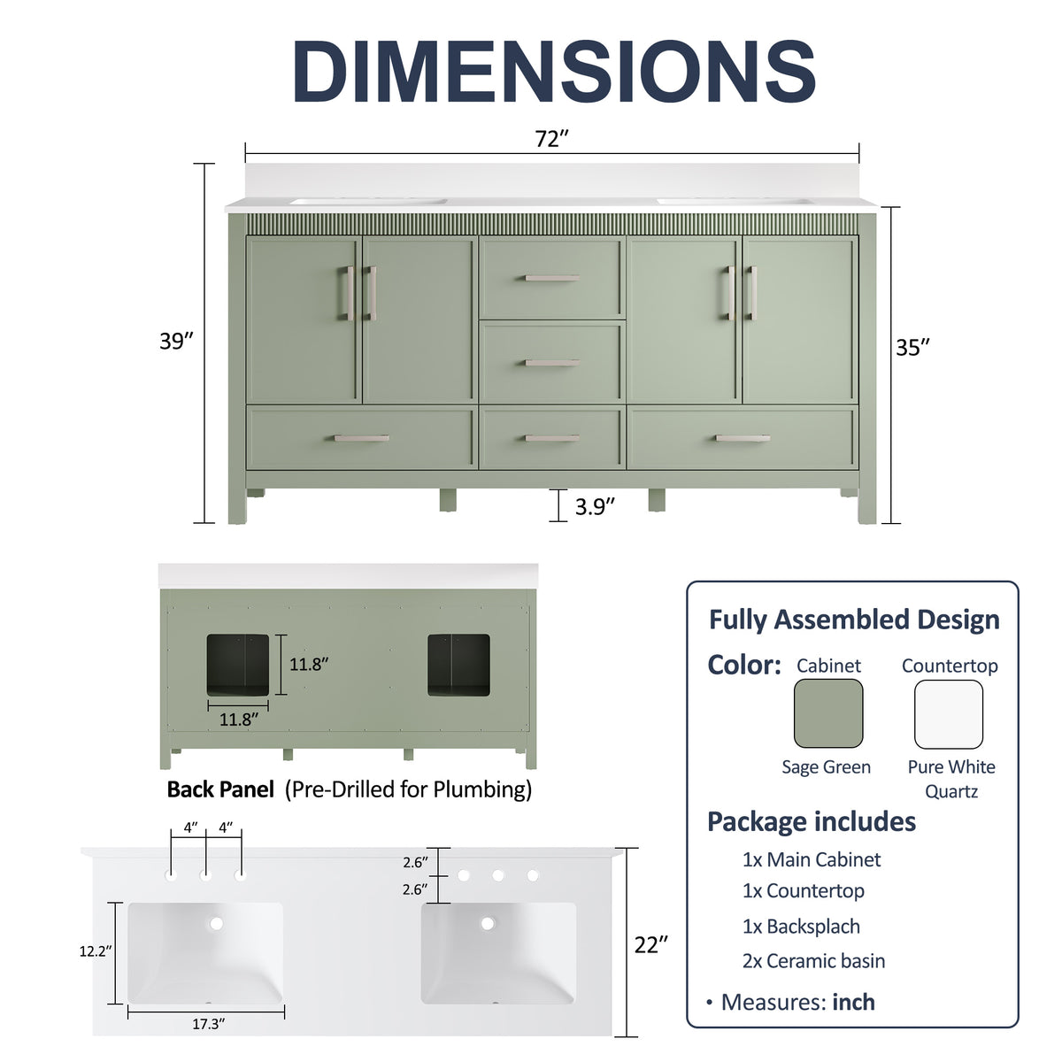 72 Inch Freestanding Solid Wood Bathroom Vanity with Pure White Quartz Countertop, 4 Soft-Close Doors & 5 Dovetail Drawers, SAGE GREEN