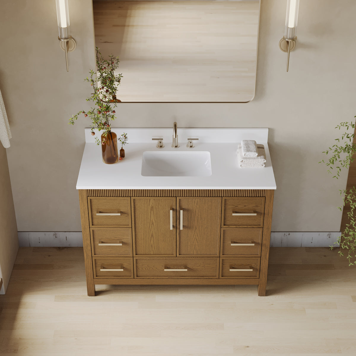 48 Inch Freestanding Solid Wood Bathroom Vanity with Fluted Molding, Pure White Quartz Countertop, Walnut