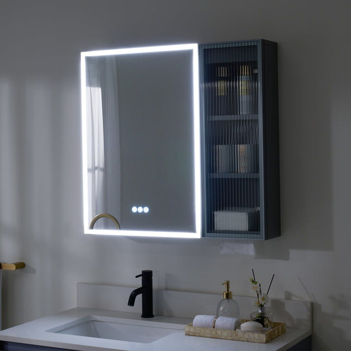 30 in. W x 28 in. H Rectangular Surface Mount LED Mirror Medicine Cabinet in Gray