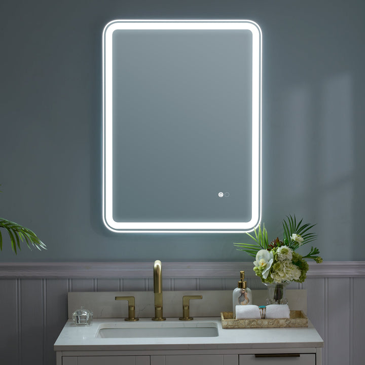 24 in. W x 32 in. H Framed Round Shaped Corners LED Light Bathroom Vanity Mirror in White