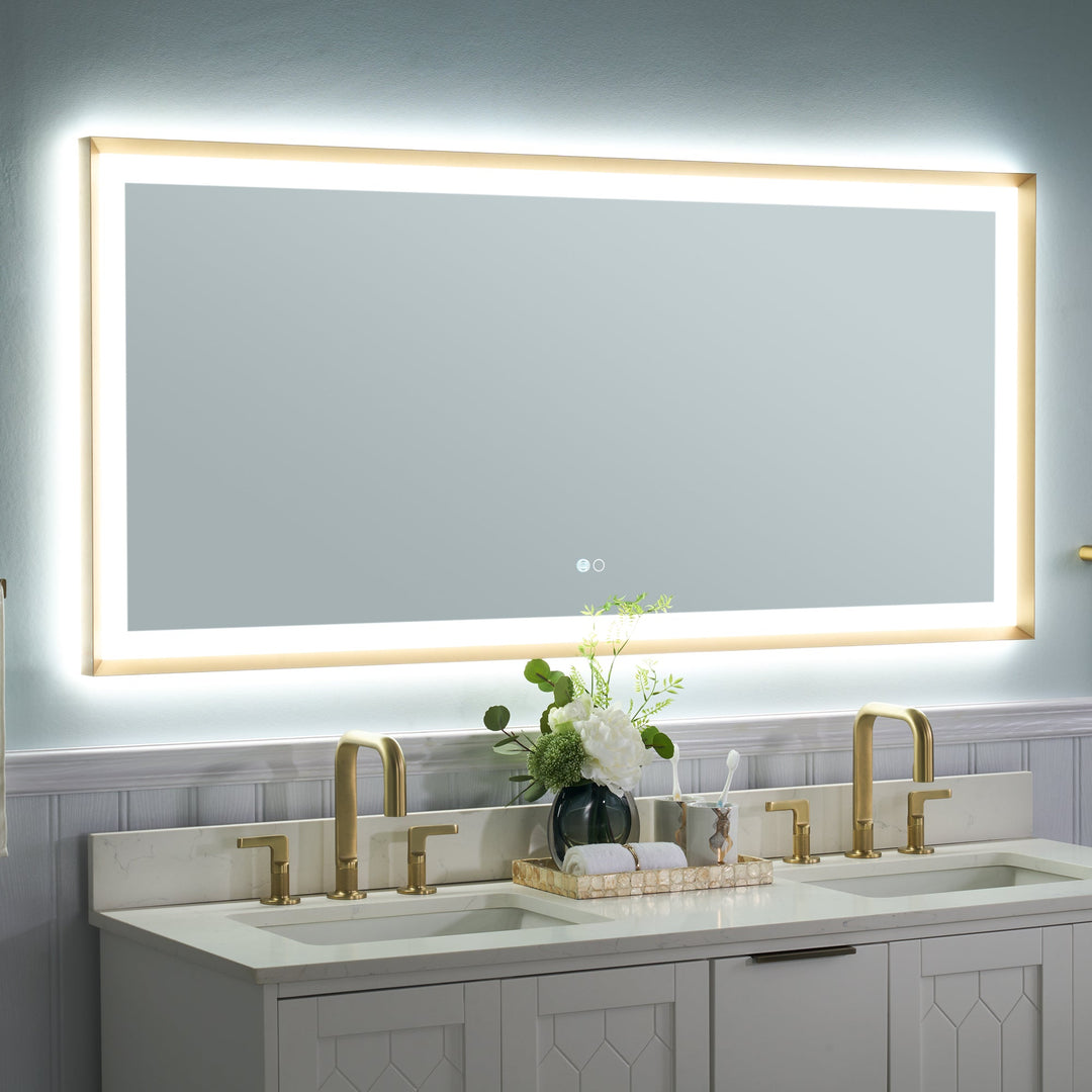 60 in. W x 28 in. H Aluminium Framed Front and Back LED Light Bathroom Vanity Mirror in Brushed Gold