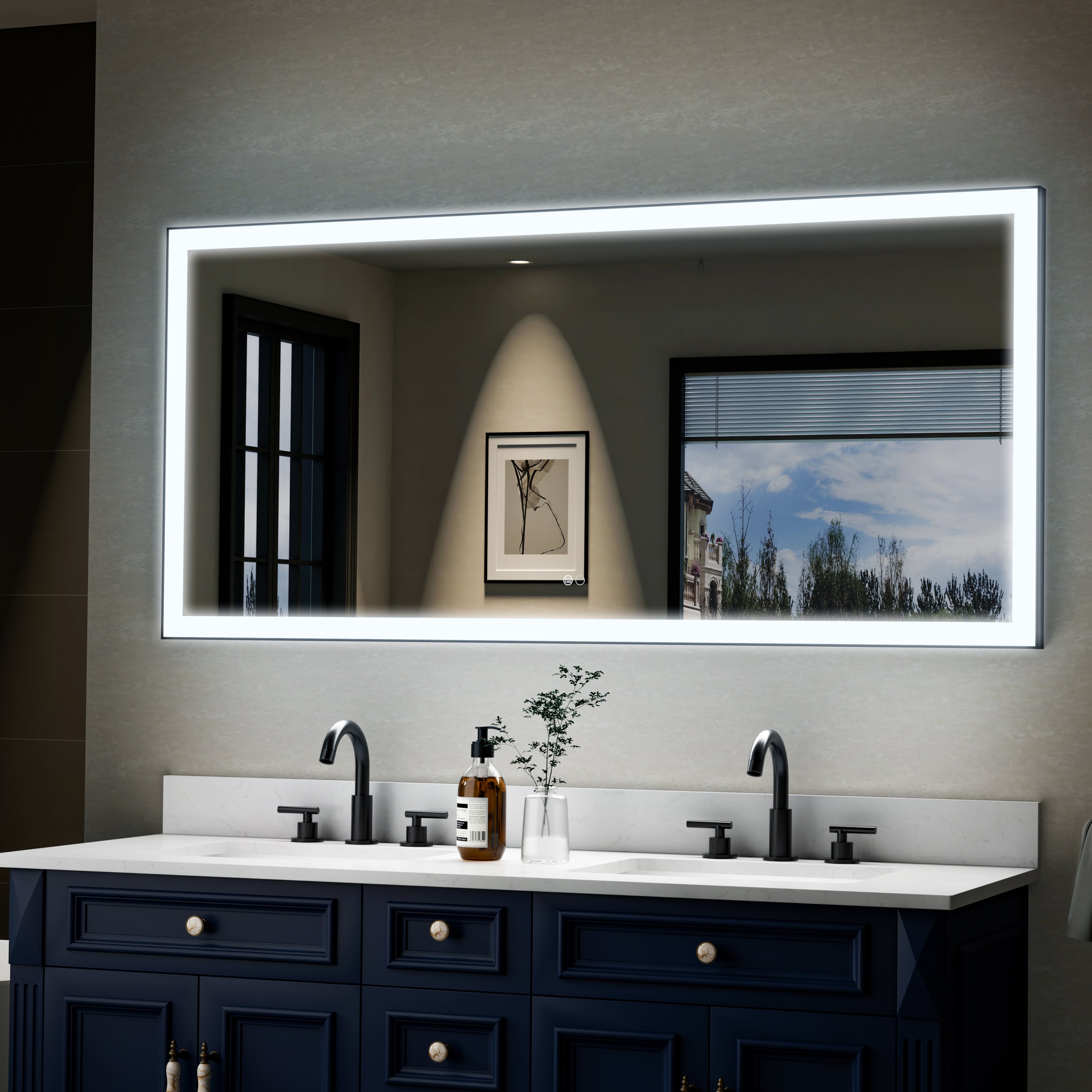 60 in. W x 28 in. H Aluminium Framed Rectangular LED Light Bathroom Vanity Mirror in Matte Black