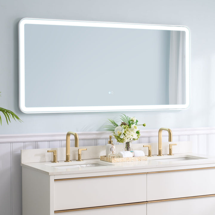 60 in. W x 28 in. H Framed Round Shaped Corners LED Light Bathroom Vanity Mirror in White