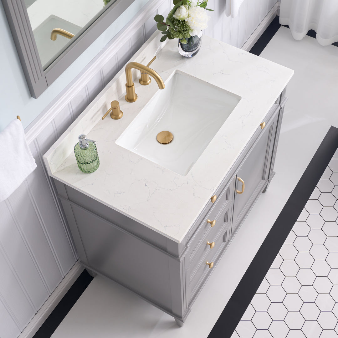 36 in. Bathroom Vanity in Grey with Quartz Vanity Top in Carrara with Single White Basin