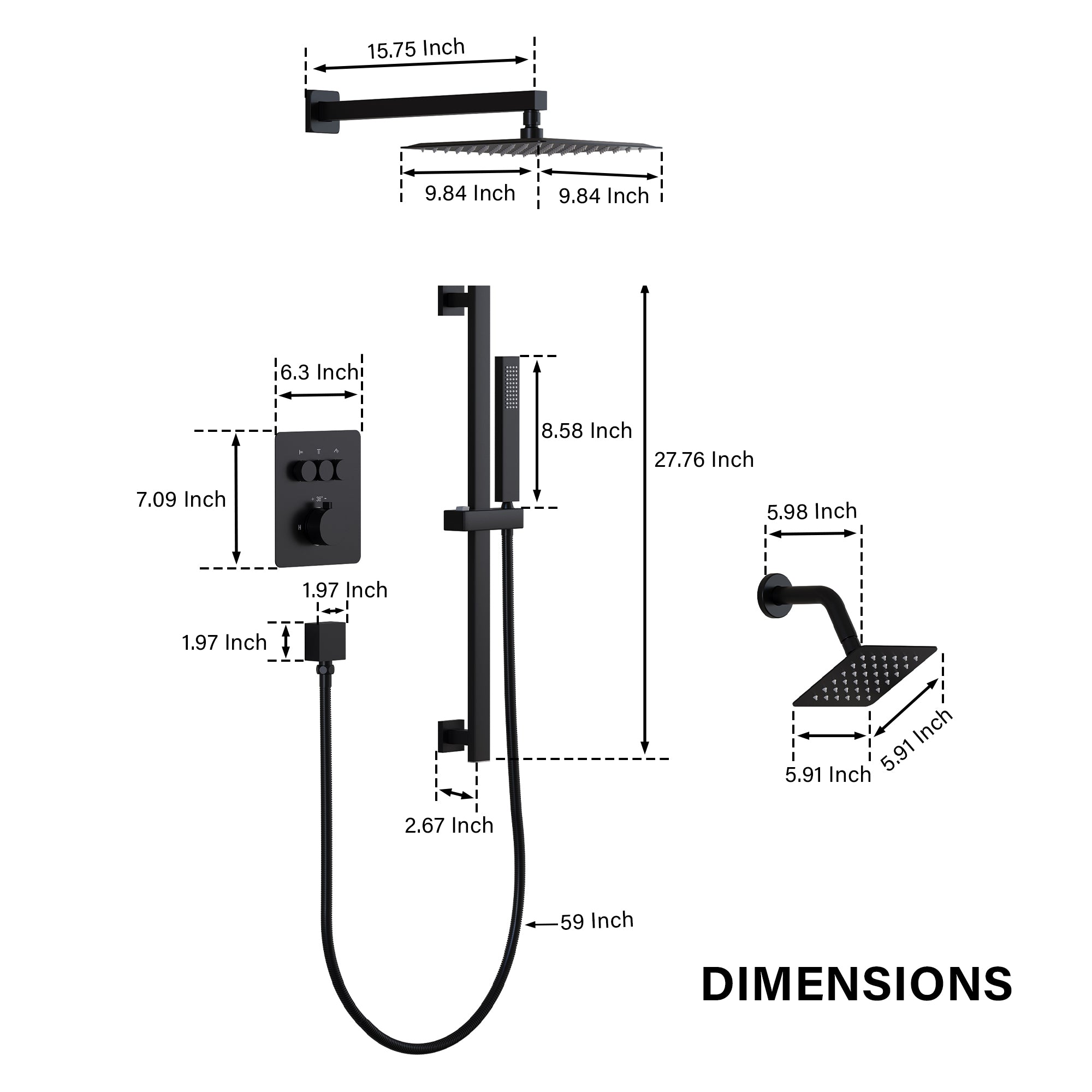 3-Function Thermostatic Stainless Steel Shower System with Dual Mounting Options Wall-Mounted & Ceiling-Mounted, Sliding Bar, 10" Square Overhead Shower